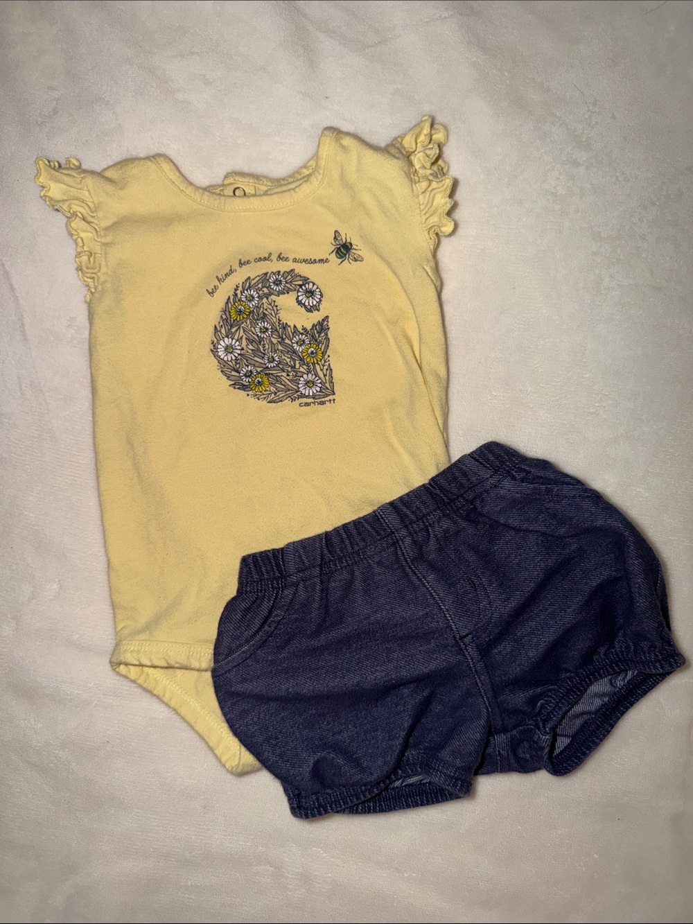 Carhartt Yellow Floral Bee Bodysuit with Navy Ruffle Bum Shorts